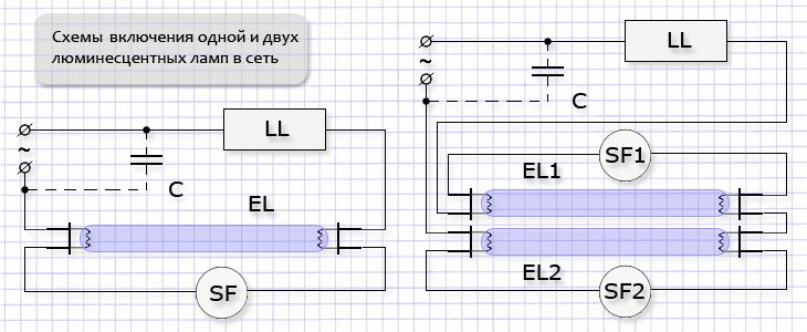 Схемы подключения люминесцентных ламп: с дросселем и без дросселя, 2-х и более ламп (Фото & Видео)